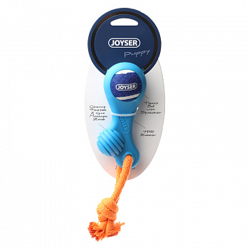 Joyser Игрушка для собак Puppy Резиновая косточка с теннисным мячом S голубая, 13 см
