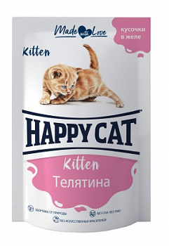 Happy cat Паучи для котят телятина кусочки в желе 85 гр