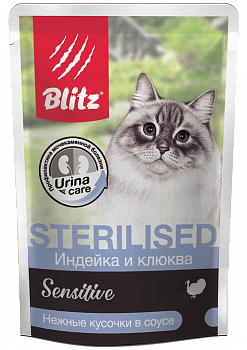 Blitz Паучи для кошек Sensitive «Индейка и клюква» нежные кусочки в соусе 85гр 