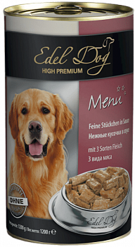 Edel Dog Консервы для собак Нежные кусочки в соусе: 3 вида мяса, 400 гр