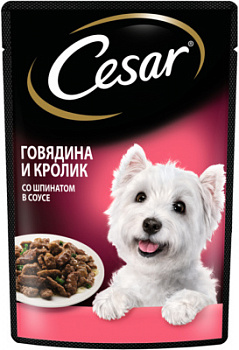Cesar влажный корм для взрослых собак, говядина и кролик в соусе со шпинатом 85 гр