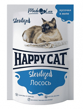 Happy cat Паучи для кошек стерилизованных Кусочки с лососем в желе 85 гр