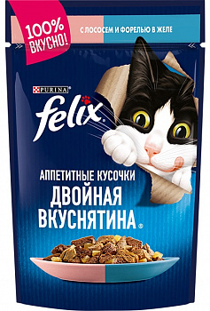 Felix Паучи для кошек Аппетитные кусочки Двойная вкус. с лососем и форелью в желе 75 гр