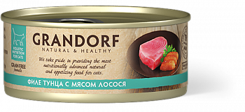 GRANDORF Консервы для кошек Филе тунца с мясом лосося в бульоне 70 гр