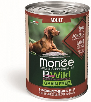 Monge Dog BWild GRAIN FREE для взрослых собак, беззерновой, из ягненка с тыквой и кабачками 400г