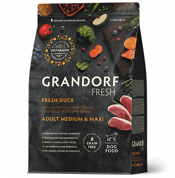 GRANDORF Fresh Сухой беззер. корм для собак сред/круп. пород Утка (Duck&Sweet Potato MED&MAXI)