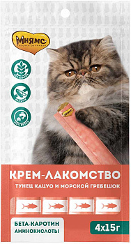 Мнямс Крем-лакомство для кошек с тунцом Кацуо и морским гребешком 15 г х 4 шт.