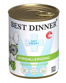 Best Dinner Консервы VET PROFI для собак Профилактика пищевой аллергии (Hypo) Индейка и Утка 340гр