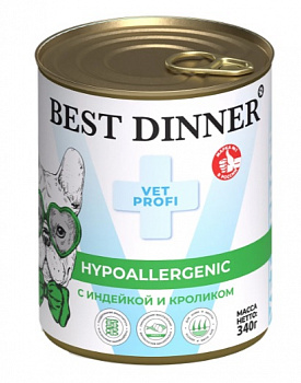 Best Dinner Консервы VET PROFI для собак Профилактика пищевой аллергии (Hypo) Индейка и Кролик 340гр