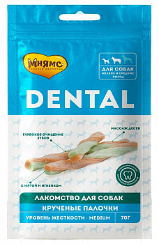Мнямс DENTAL лакомство для собак "Крученые палочки" с ягненком и мятой 70 г