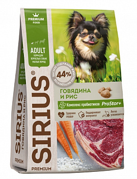 SIRIUS Корм для взр. собак малых пород говядина и рис 2кг
