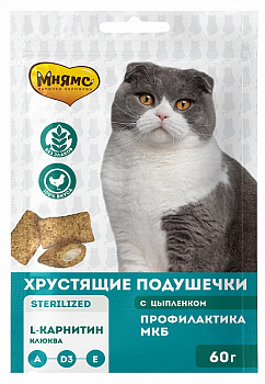 Мнямс хрустящие подушечки для стерилизованных кошек с цыпленком и клюквой "Профилактика МКБ" 60г