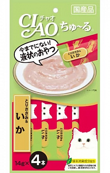 INABA Пюре для кошек ЧАО ЧУРУ Куриное филе с кальмаром 14гр*4шт