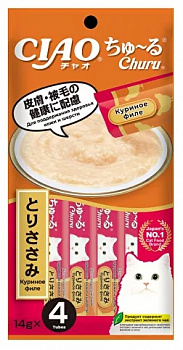 INABA Пюре для кошек ЧАО ЧУРУ Куриное филе для поддержания здоровья кожи и шерсти 14гр*4шт