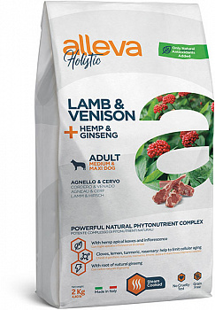 Alleva Holistic Dog Для Собак (Medium/Maxi) с ягнен и оленин, конопля и женьшень