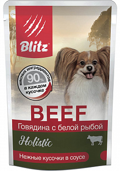 Blitz Паучи для собак Holistic «Говядина с белой рыбой» кусочки в соусе 85 гр 